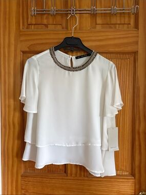 NWT Zara White Layered Blouse with Metallic Beaded Collar